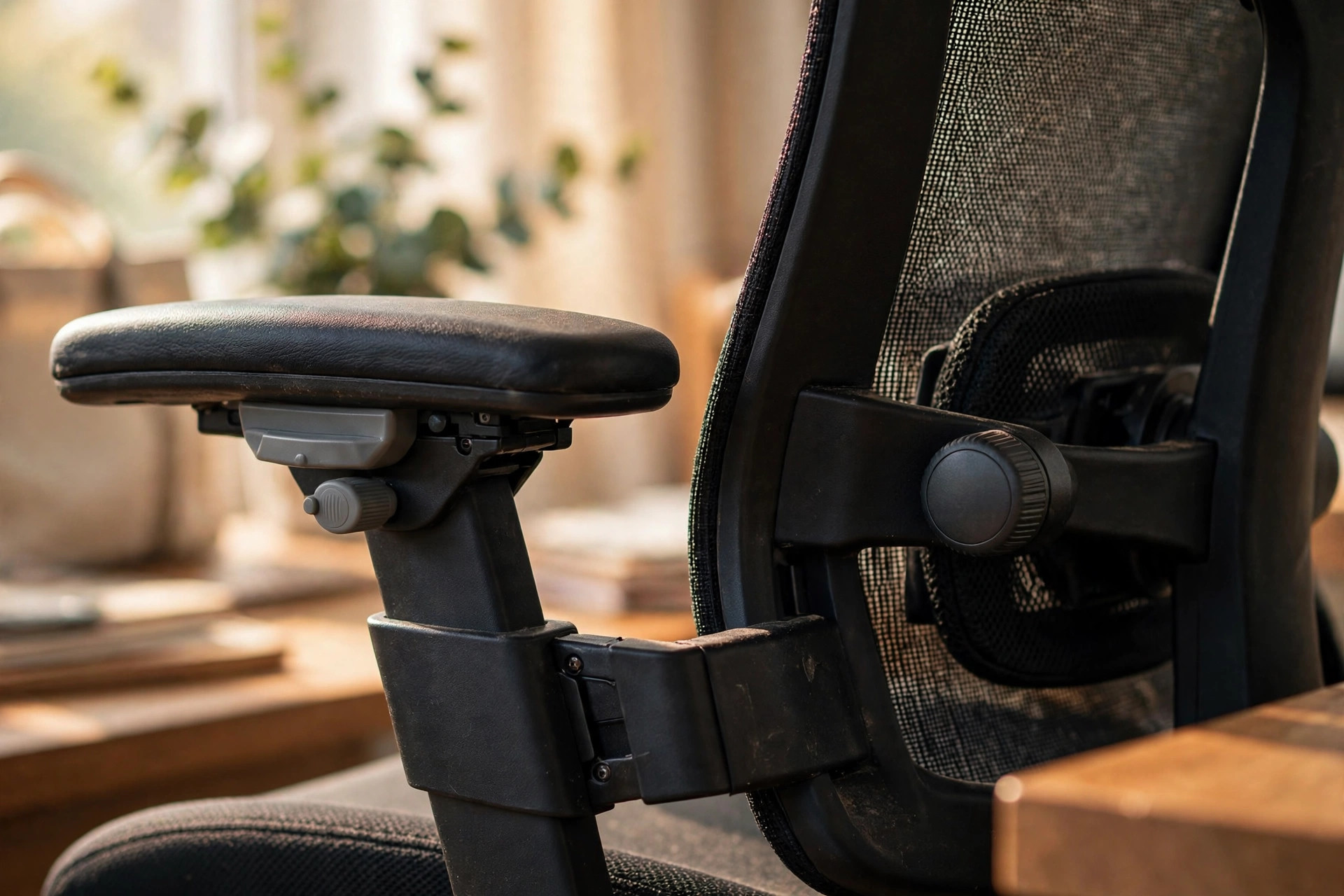 Close-up of an office chair's adjustable armrest and lumbar support mechanism