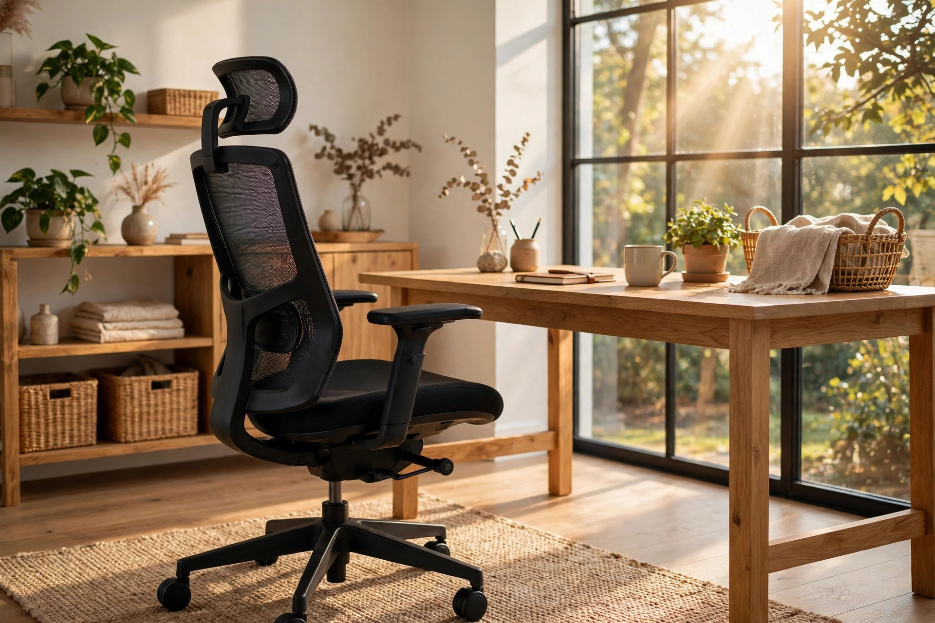 A black ergonomic office chair beside a wooden desk in a sunlit home office