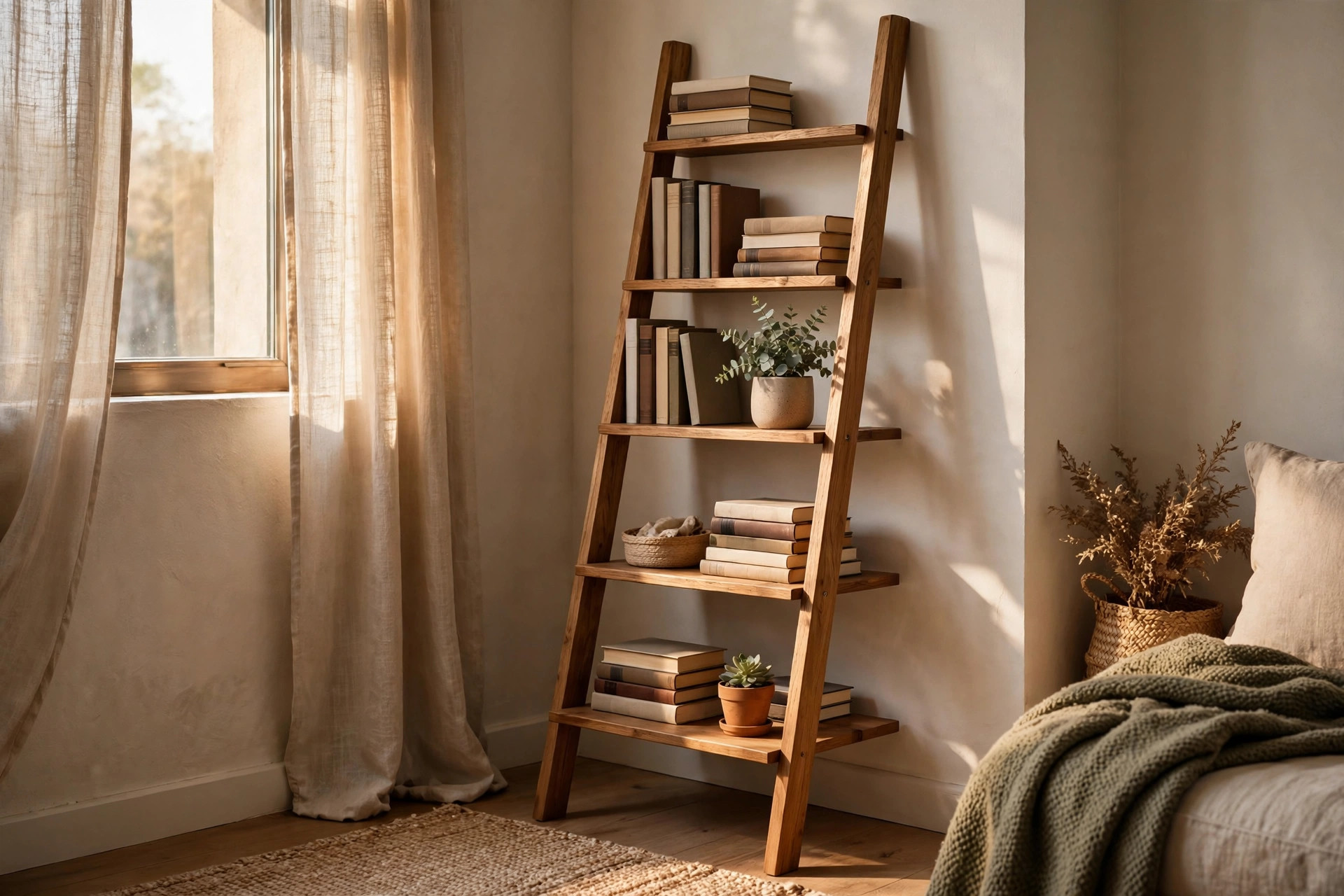 A leaning ladder desk with books and plants in a cozy apartment corner
