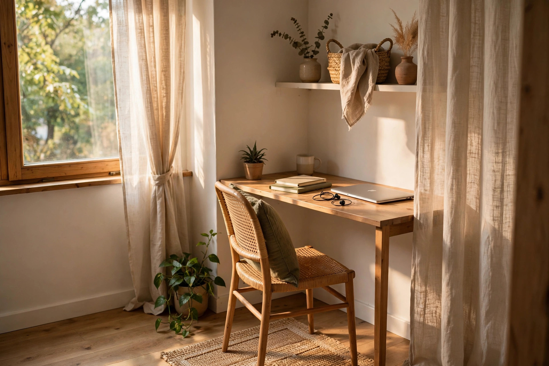 A slim wooden desk and rattan chair tucked into a sunlit corner by a window