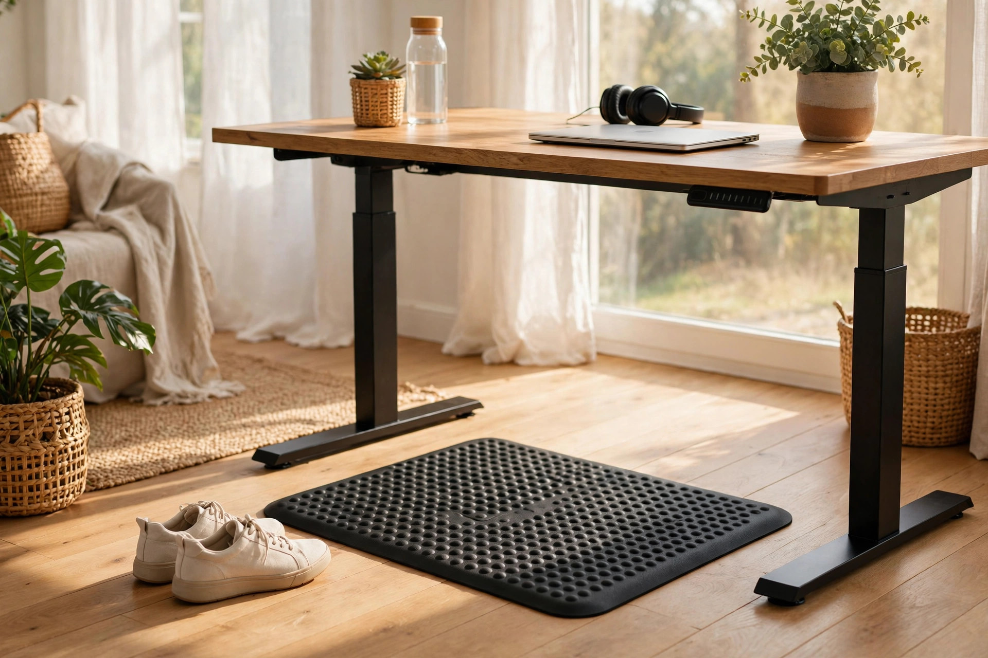 An anti-fatigue mat and sneakers beside a standing desk in a sunlit room