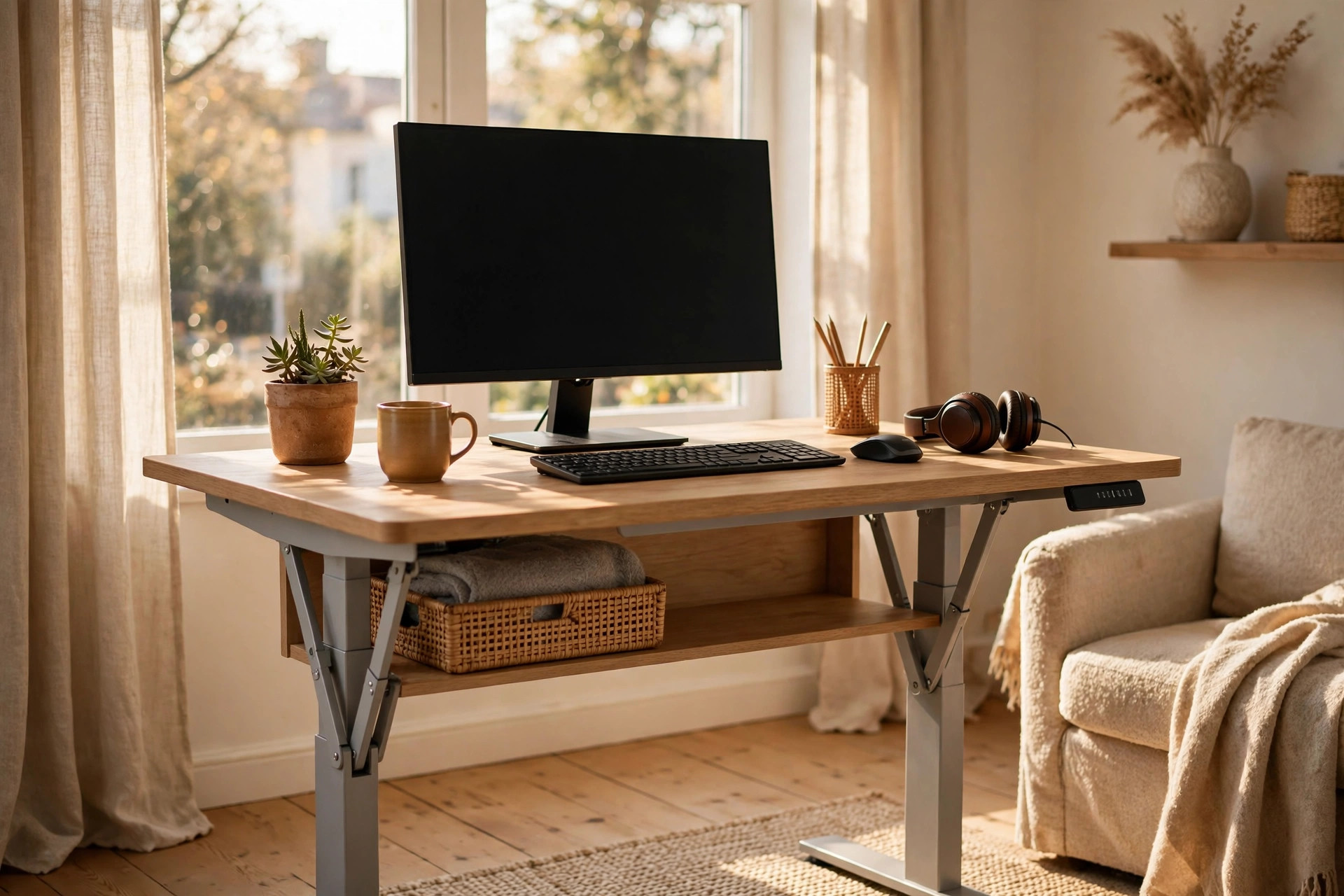 A height-adjustable standing desk with a monitor in a bright home office